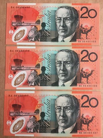 R420c 2005 $20 Macfarlane Henry Polymer Banknotes Consecutive Run of 3 Unc.