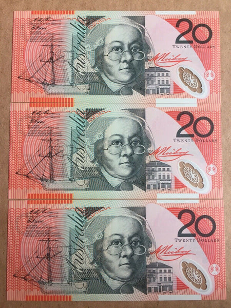 Australia 1994 $20 Fraser Evans First Polymer Issue R416  Run of 3 Uncirculated