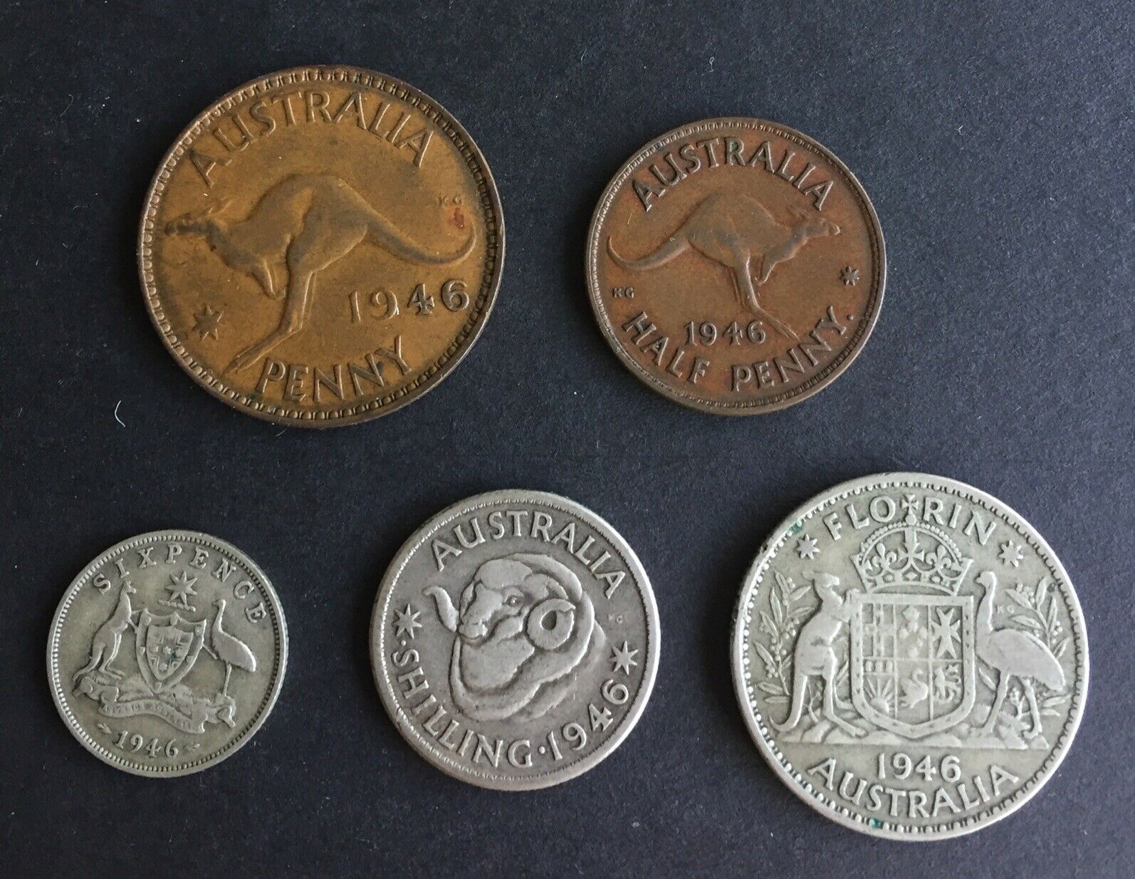 Australia 1946 Pre Decimal 5 Coin Set including scarce Penny IDEAL BIRTHDAY GIFT
