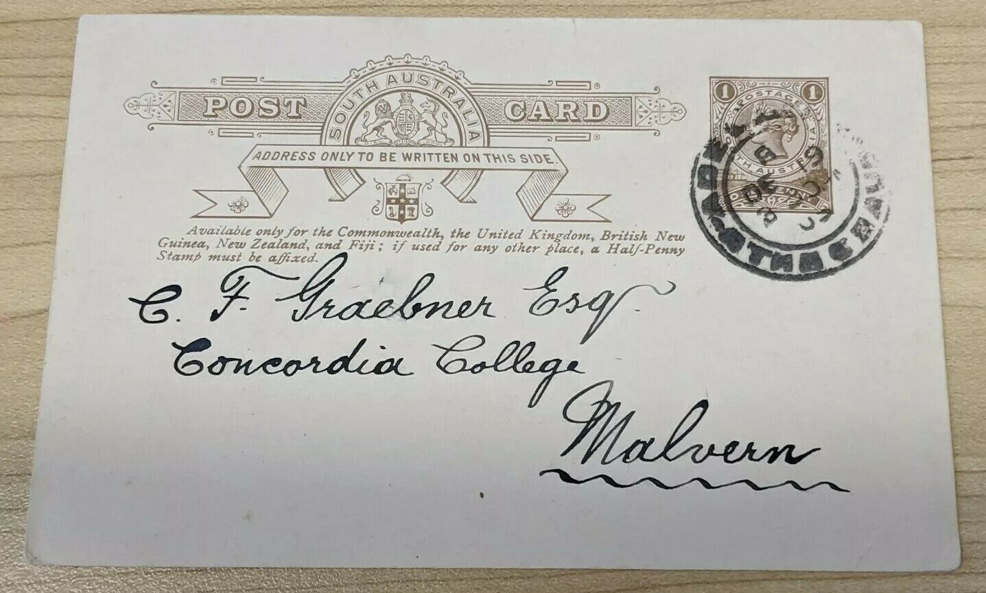 SA South Australia 1905 1d Postcard to Concordia College ships lighthouses