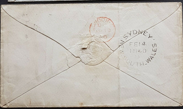 NSW New South Wales Australian States - GB 6d Diadem First Day Cover Sydney 14-2-1860 to London. Stunning rarity