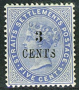 Straits Settlements Malayan States 3c on 5c bl Queen Victoria SG 82 Mint Hinged