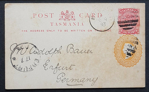 Tasmania Australian States 1d red + ½d Orange Post card used Hobart to Germany
