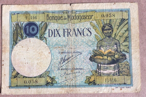 Madagascar 1937-47 10 Francs Banknote P36