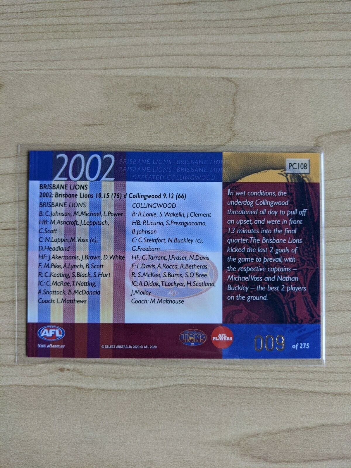 2020 Select DOMINANCE PREMIERSHIP COMMEMORATIVE 2002 BRISBANE LIONS Low 009/275