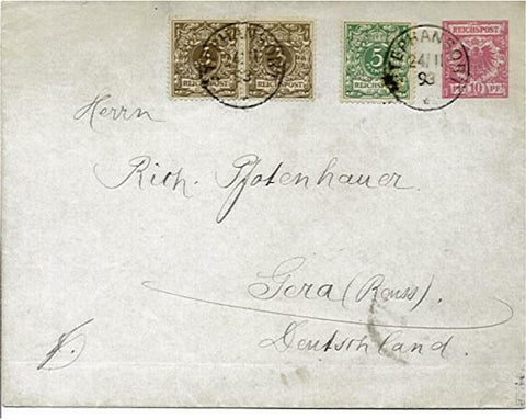 German New Guinea 10pf Envelope to Gera -possibly commercial usage (b/s) uprated