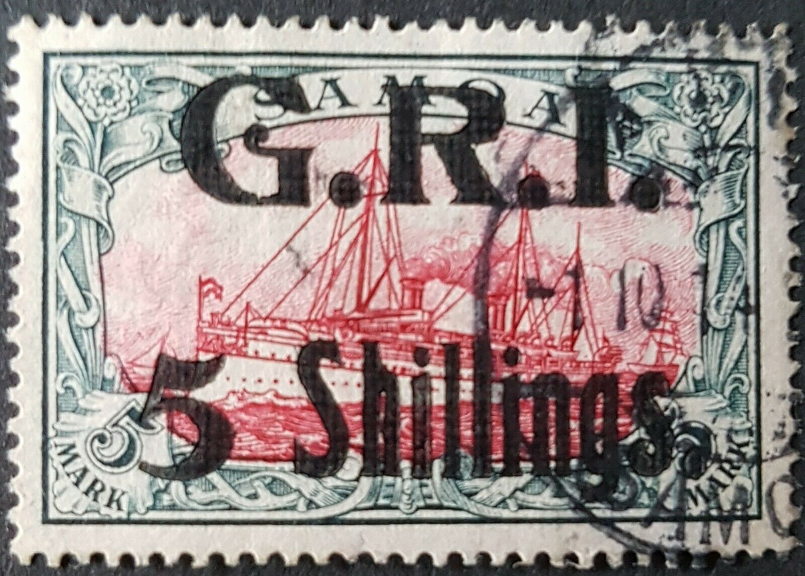 GRI on German Samoa 5/- on 5M Yacht. SG 114 with certificate