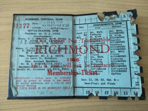 VFL 1948 Richmond Football Club Membership Season Ticket No. 1177