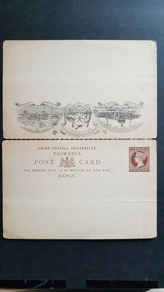 Tasmania ½d + ½d International Exhibition reply Post card CTO, separated, faults