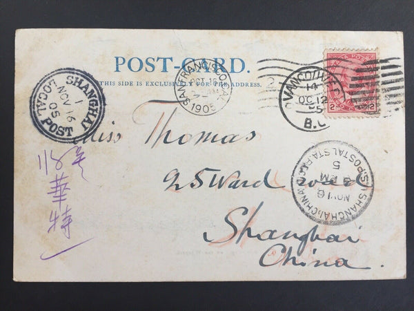 China- Shanghai Inwards 1905 Canada Indian PPC. USA/Shanghai Local Post Markings