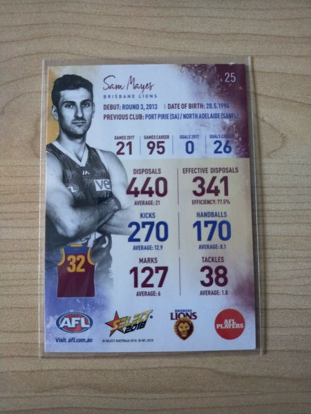 2018 Select Sam Mayes Brisbane Football Card Hand Signed