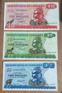 Zimbabwe 1980 $2 Unc, 1982 $5 & $10 Very Fine All First Prefix