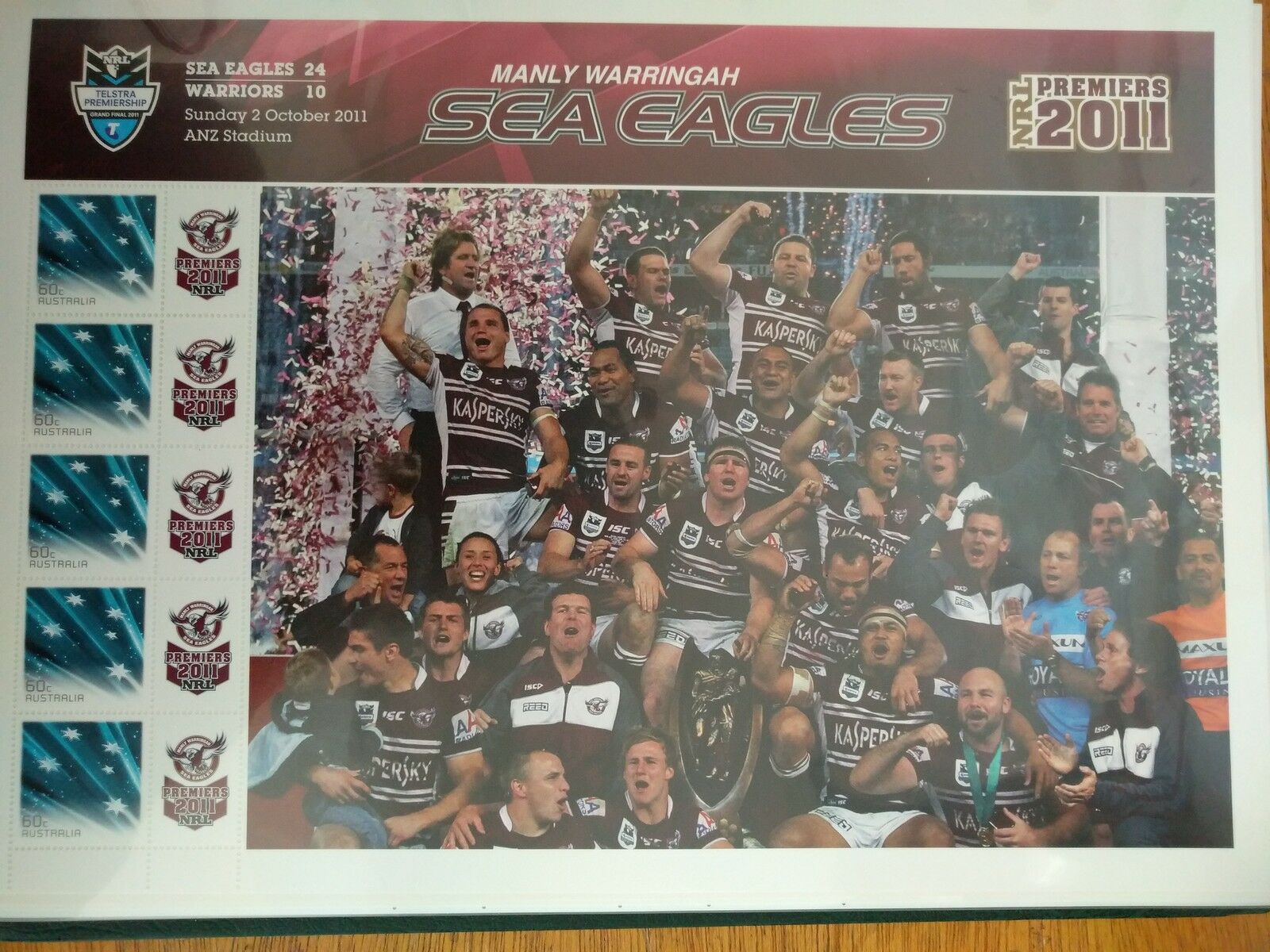 Australia 60c SES Souvenir Sheet Rugby Premiers 2011 Manly Warringah Sea Eagles