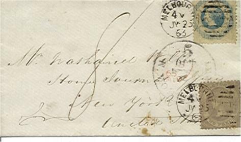 Victoria Australia1863 Melbourne -USA 2d Emblems ships sheep mining & 1/- Octag