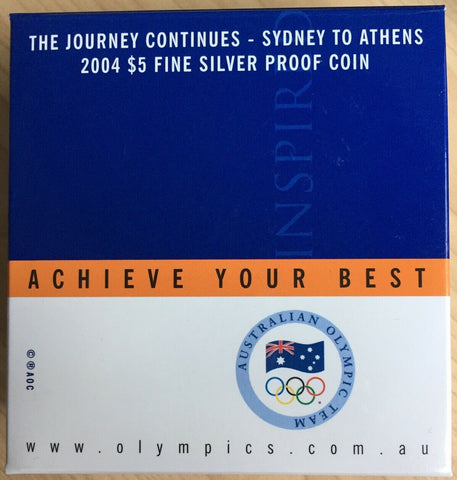 2004 Australian Mint $5  Ounce Silver “Sydney To Athens Olympic Games” Proof.