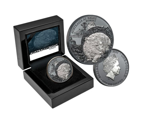 Niue 2021 $1 Australia At Night Wombat 1oz .999 Black Silver Proof Coin