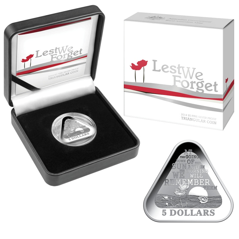 Australia 2014 Royal Australian Mint $5 Lest We Forget Silver Triangular Proof Coin