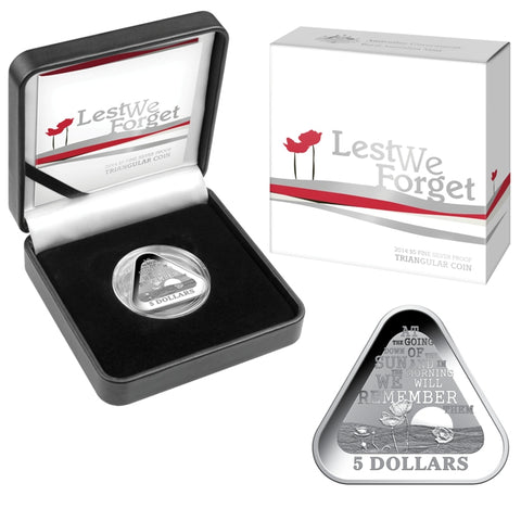 Australia 2014 Royal Australian Mint $5 Lest We Forget Silver Triangular Proof Coin