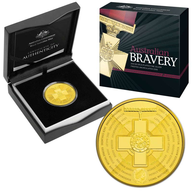 Australia 2015 Royal Australian Mint $5 Australian Bravery Gold-Plated Silver Uncirculated Coin