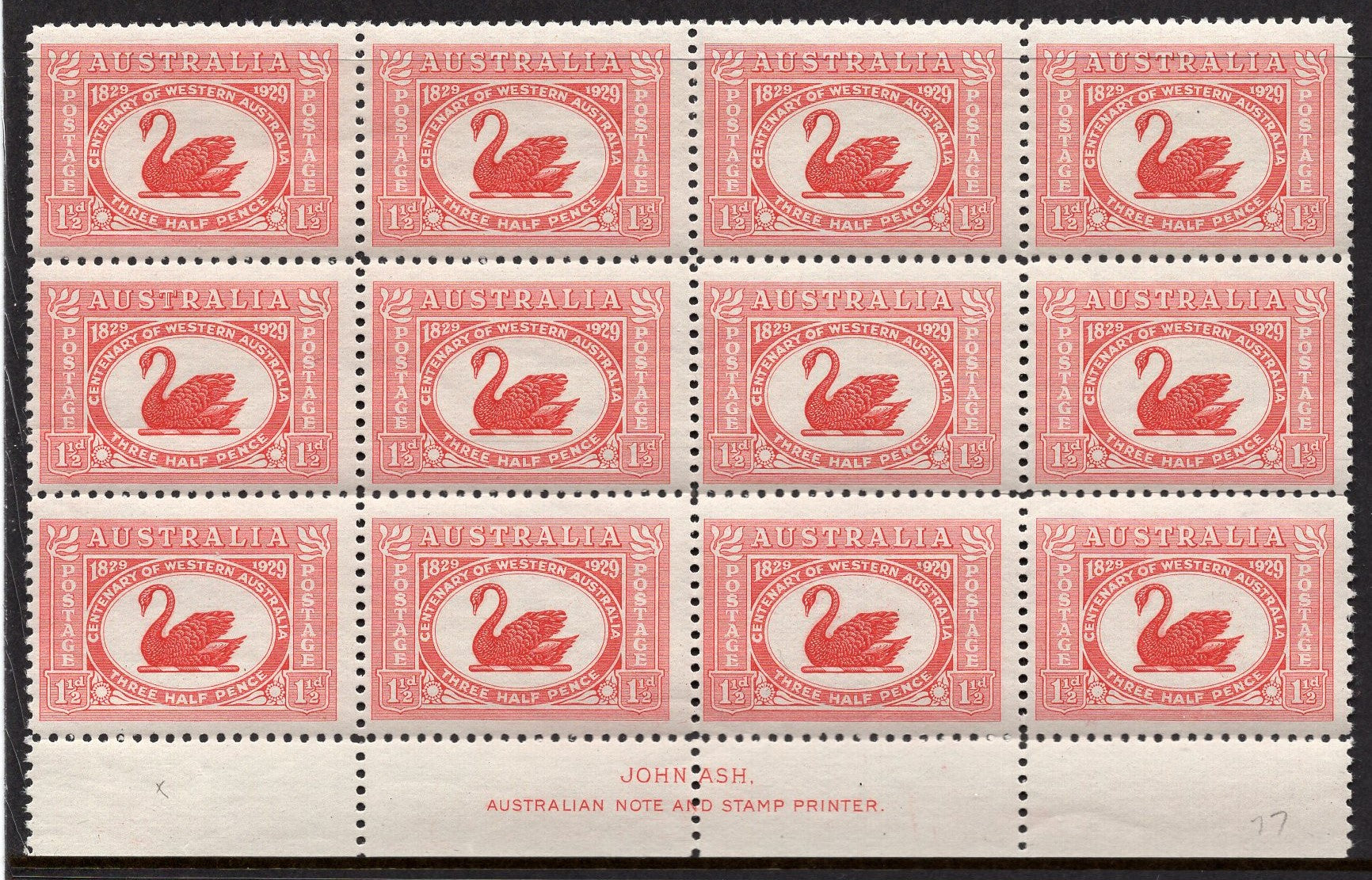 Australia SG 116a 1½d Swan Ash imprint block of 12 Stamps MUH re-entry