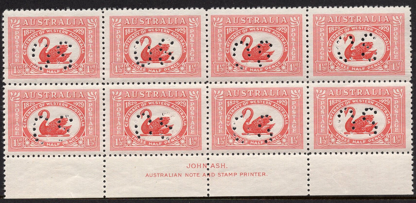 Australia SG 116a 11/2d Swan Ash imprint block of 8 MUH Stamps Perforated OS