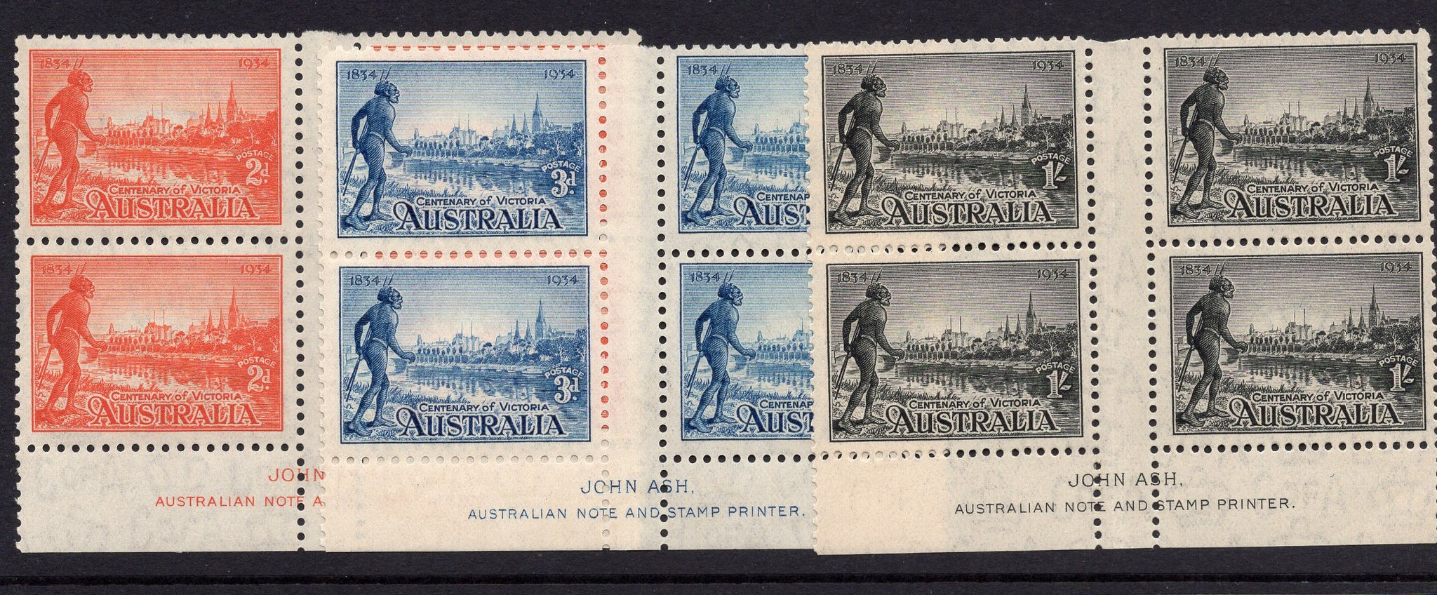 Australia SG 147a-9a 1934 Victoria Centenary Set Perf 11½  imprint blocks of 4 selvedge is MLH MUH