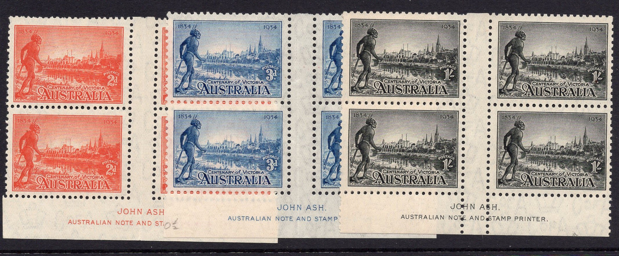 Australia SG 147-9 1934 Victoria Centenary Set Perf 10½  imprint blocks of 4 MLH