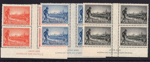 Australia SG 147-9 1934 Victoria Centenary Set Perf 10½  imprint blocks of 4 MLH