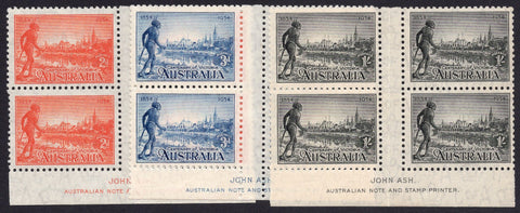 Australia SG 147-9 1934 Victoria Centenary Set Perf 10½  imprint blocks of 4 minor tone