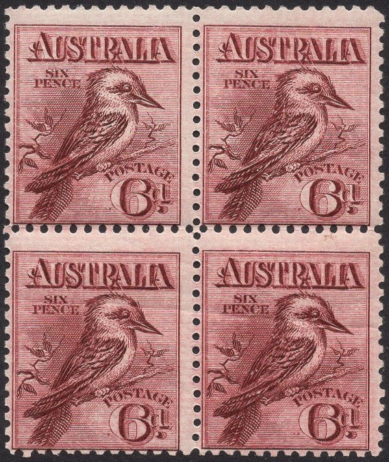 Australia SG 19 6d Engraved Kookaburra Block of 4 (2 Stamps MUH)
