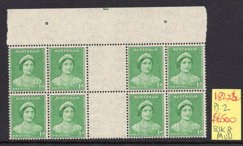 Australia BW 182za 1d Green Queen Mother Plate 2 Gutter block of 8 Stamps MUH