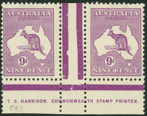 Australia BW 27(4)za 9d Nine Pence Kangaroo Pair 3rd wmk Die 2B Single Line Imprint
