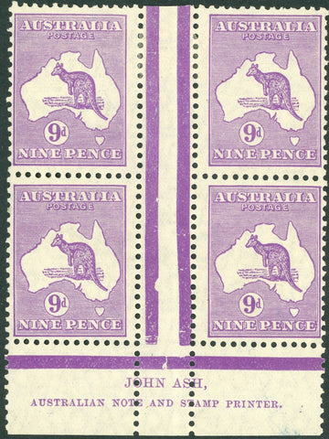 Australia BW 28(4)z 9d Nine Pence Kangaroo Block Ash Imprint Upper Position MLH