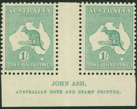 Australia BW 33(4)zg  1/- One Shilling Kangaroo N over A John Ash Pair MLH