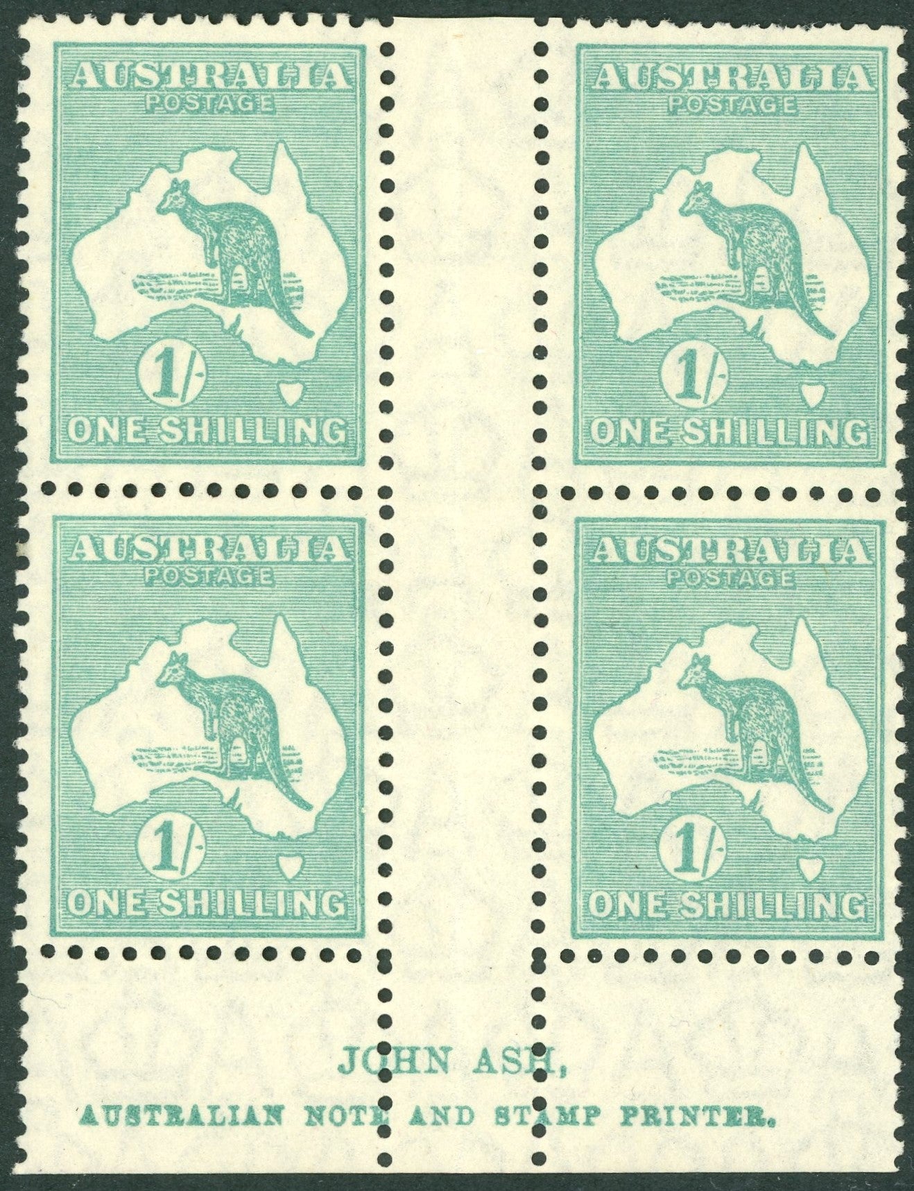 Australia BW 34(3)z 1/- One Shilling Kangaroo Block of 4 Ash Imprint Upper Position MUH