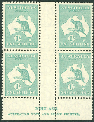 Australia BW 34(3)z 1/- One Shilling Kangaroo Block of 4 Ash Imprint Upper Position MUH