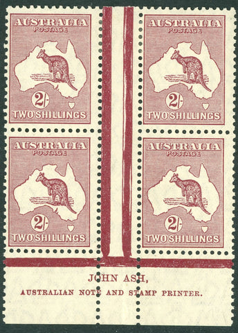 Australia BW 39(1)z 2/- Two Shillings Kangaroo Block of 4 Ash Imprint Upper Position MLH