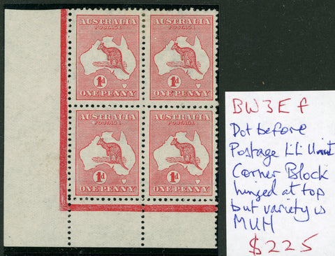 Australia BW 3Ef Kangaroo 1d One Penny Red Corner Block of 4 Dot Before Postage