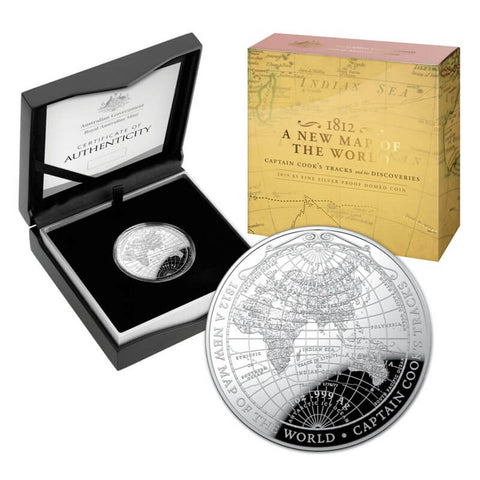 2019 $5 1812 A New Map of the World Captain Cook's Tracks and his Discoveries Silver Domed Proof Coin