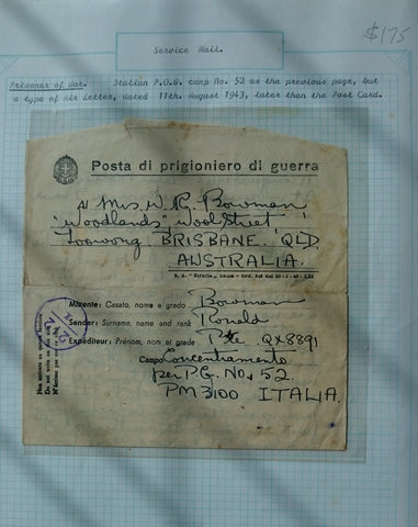 Italy to Australia 1943 WW2 Military Mail On Active Service Italian Prisoner Of War Camp No 52