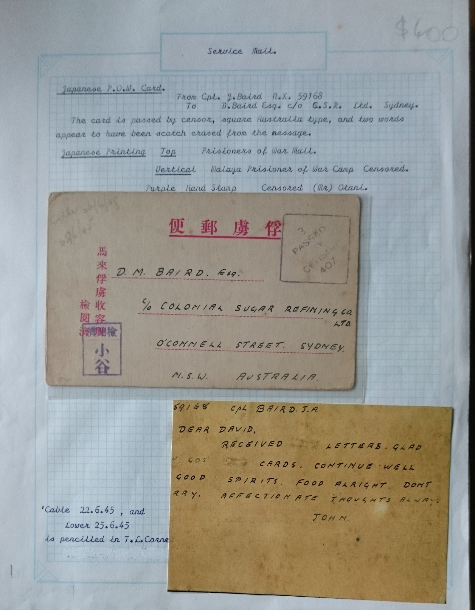 WW2 Military Mail Japanese POW Card from J Baird to D Baird Sydney Australia