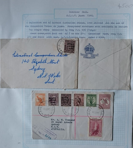 Australia overprinted BCOF Japan 1946 on 2 covers, including a set on registered cover, cancelled Army PO 215 Tokyo