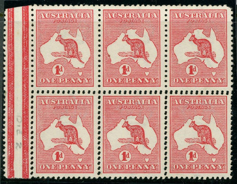 Australia BW 3b 1d One Penny Red Kangaroo Block of 6 Double Horizontal Perforation