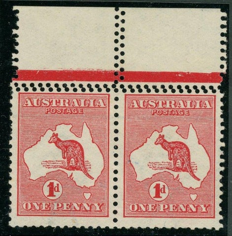 Australia BW 3b 1d One Penny Kangaroo Wmk Pair Double Perf Hinge on Selvedge Only