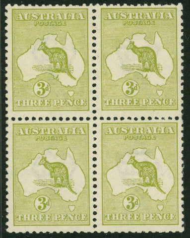 Australia BW 12 3d Three Pence Kangaroo Die 1 Block of 4 First Watermark MUH