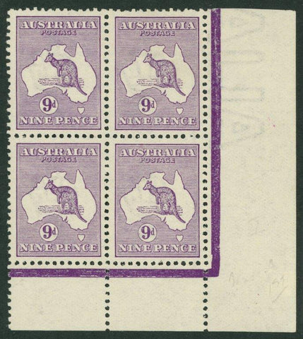 Australia BW 24 9d Nine Pence Kangaroo Block of 4 3 Stamps MUH