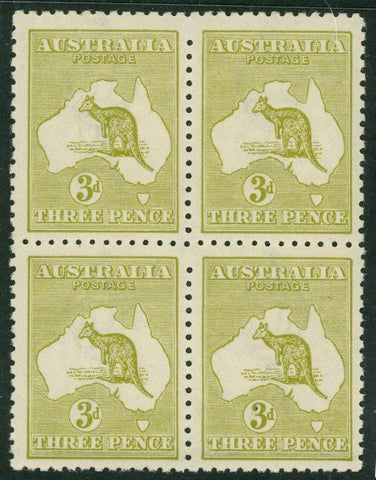 Australia BW 14 3d Three Pence Kangaroo 3rd Wmk Die 2b Block of 4 Stamps MUH