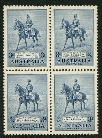 Australia BW 167g 1935 3d Silver Jubilee "Retouch under AU" Block of 4 MUH