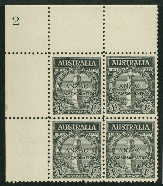 Australia SG 155 1935 1/- Anzac Plate 2 Block of 4 MUH