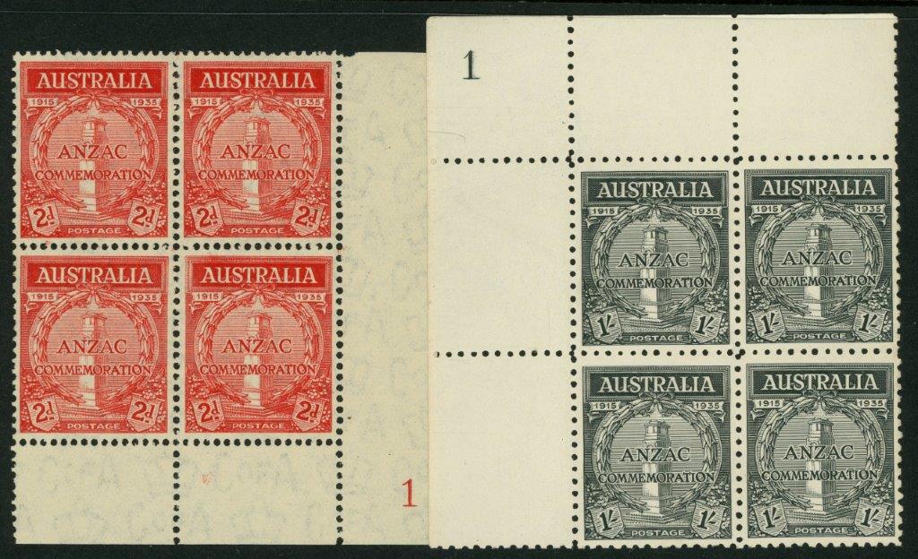 Australia SG 154-5 1935 Anzac Set Plate 1 Blocks of 4 MUH